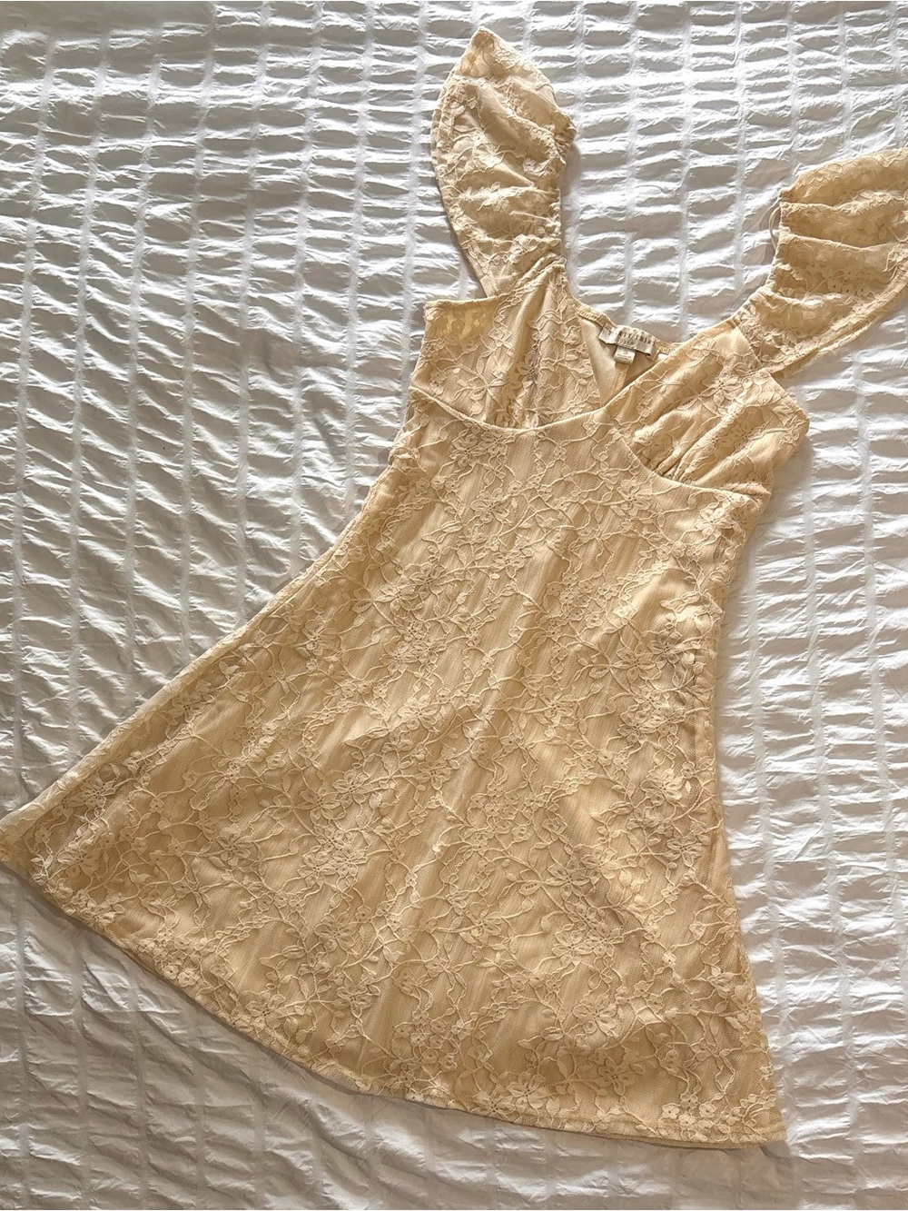 Lace Flutter-Sleeve Mini Dress in Cream/Champagne